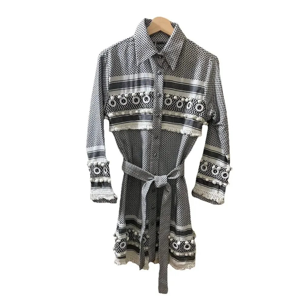 DoDo Bar Or Cotton Button Up Shirt Dress w Belt Black White Check Size Small New
